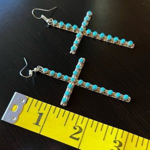 Sleeping beauty turquoise sterling silver cross earrings. Navajo hand made.